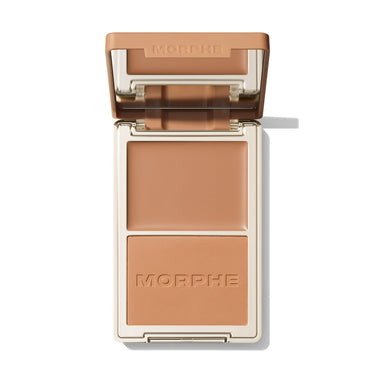 {Maui Surf} Open Morphe Cheek Thrills Bronzer Duo with caramel lid, peach cream, caramel matte powder with MORPHE engraved.