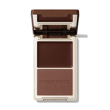 {Rio Carnival} Open Morphe Cheek Thrills Bronzer Duo with espresso lid, espresso cream, espresso matte powder with MORPHE engraved.