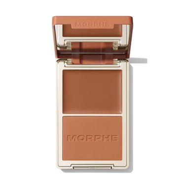 {Tulum Trip} Open Morphe Cheek Thrills Bronzer Duo with rust lid, rust cream, caramel matte powder with MORPHE engraved.