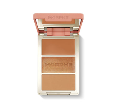 {Sunset Swim} Open Morphe Cheek Thrills Multi-Finish Face Trio with peach lid, peach cream, copper shimmer with MORPHE engraved, peach matte.