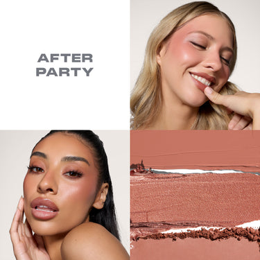 {After Party} Cheek Thrills Multi-Finish Face Trio shade AFTER PARTY shown on two models with warm mauve-nude makeup looks and three product swatches in terracotta tones.