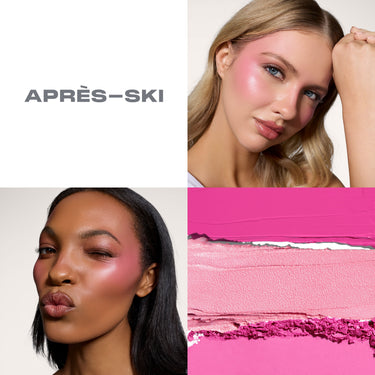 {Apres-Ski} Cheek Thrills Multi-Finish Face Trio in APRÈS–SKI shown on two models with pink blush and three texture swatches in hot pink, light pink, and blush.