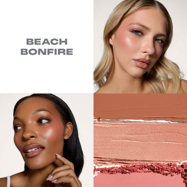 {Beach Bonfire} Beach Bonfire Cheek Thrills Multi-Finish Face Trio shown on fair and deep skin tones with three shade swatches in warm terracotta, peach, and mauve.