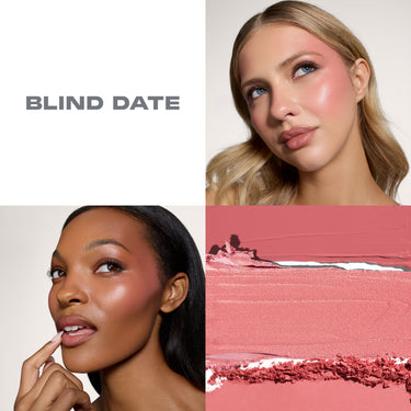 {Blind Date} Cheek Thrills Multi-Finish Face Trio in BLIND DATE shown on two models with rose-pink cream and powder texture swatches.