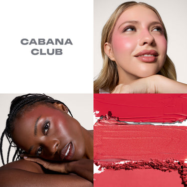 {Cabana Club} Cheek Thrills Multi-Finish Face Trio in Cabana Club — text reads "CABANA CLUB" beside two models wearing rosy blush and three red shade swatches.