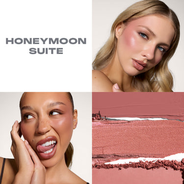{Honeymoon Suite} Cheek Thrills Multi Finish Face Trio on-figure collage with text "HONEYMOON SUITE," two models wearing warm rose blush, and three mauve-pink product swatches.