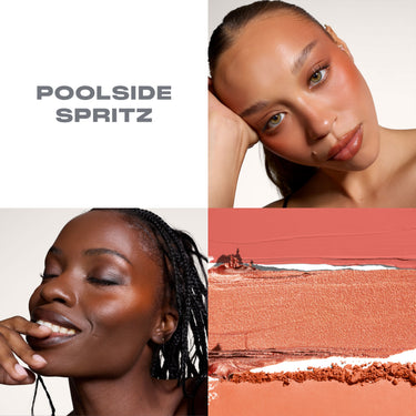 {Poolside Spritz} Cheek Thrills Multi Finish Face Trio "POOLSIDE SPRITZ" shade shown on two models with coral matte, shimmer, and powder swatches.