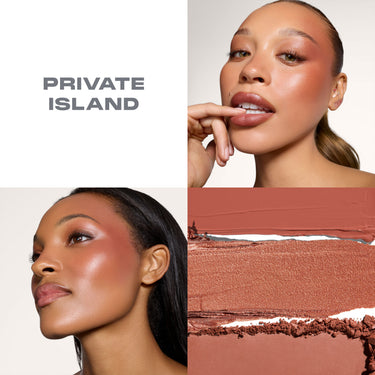 {Private Island} Cheek Thrills Multi Finish Face Trio in Private Island shown on two models with warm terracotta blush, alongside cream and powder texture swatches.