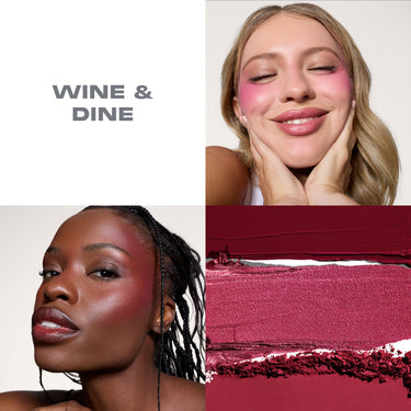 {Wine & Dine} Wine & Dine Cheek Thrills Multi Finish Face Trio on two models with matte and shimmer swatches in deep berry and rose tones.