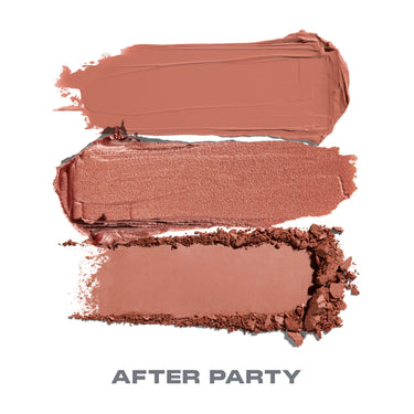 {After Party} Three cream and powder swatches of the Cheek Thrills Multi-Finish Face Trio in After Party — matte, shimmer, and bronzer — labeled "AFTER PARTY." | Cheek Thrills Multi-Finish Face Trio | Secondary image
