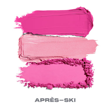 {Apres-Ski} Three texture swatches for Cheek Thrills Multi-Finish Face Trio labeled APRÈS–SKI: glossy magenta, shimmery pale pink, and crushed hot pink powder.