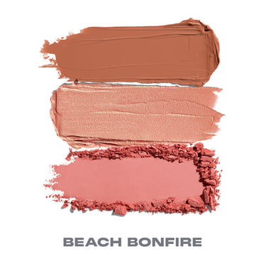 {Beach Bonfire} Cheek Thrills Multi-Finish Face Trio swatches labeled BEACH BONFIRE: matte warm tan bronzer, shimmer peach highlighter, and matte rose blush.