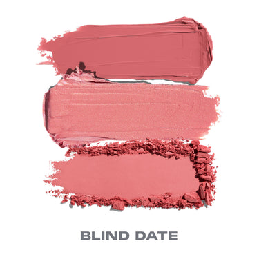 {Blind Date} Three texture swatches of Cheek Thrills Multi-Finish Face Trio in BLIND DATE showing matte, shimmer, and powder finishes in rosy pink tones.