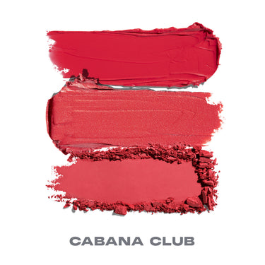 {Cabana Club} Three texture swatches of Cheek Thrills Multi-Finish Face Trio in Cabana Club — glossy, shimmer, and matte red — labeled "CABANA CLUB."