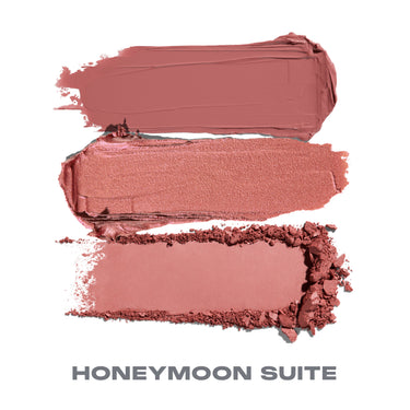 {Honeymoon Suite} Cheek Thrills Multi-Finish Face Trio shade swatches showing liquid, shimmer, and powder finishes in rose, labeled "HONEYMOON SUITE."