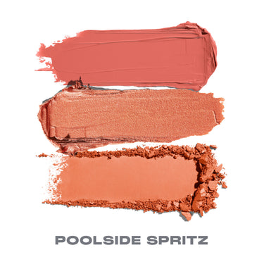{Poolside Spritz} Three Cheek Thrills Multi-Finish Face Trio swatches labeled POOLSIDE SPRITZ: coral cream, shimmer bronze, and matte peach finishes.