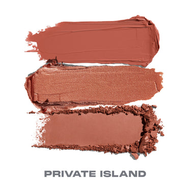 {Private Island} Cheek Thrills Multi-Finish Face Trio Private Island swatches showing matte rose, shimmer copper, and matte terracotta, with text "PRIVATE ISLAND."