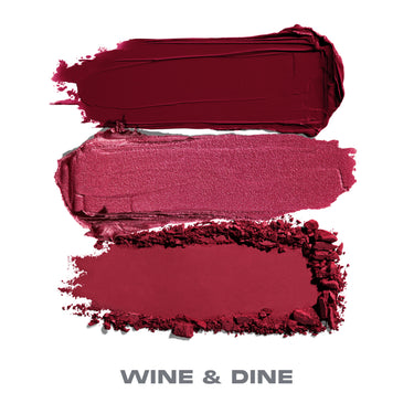 {Wine & Dine} Cheek Thrills Multi Finish Face Trio shade swatches showing three burgundy-to-rose cheek shades with WINE & DINE text below.