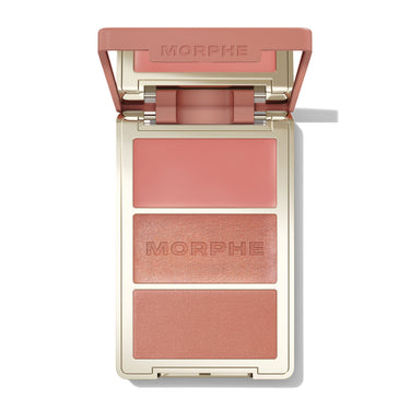 {After Party} Open Morphe Cheek Thrills Multi-Finish Face Trio with rose lid, rose cream, peach shimmer with MORPHE engraved, peach matte. | Cheek Thrills Multi-Finish Face Trio