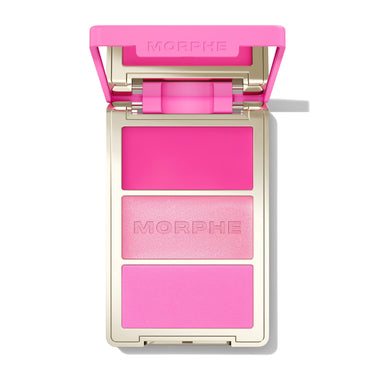 {Apres-Ski} Open Morphe Cheek Thrills Multi-Finish Face Trio with hot pink lid, hot pink cream, pink shimmer with MORPHE engraved, pink matte.