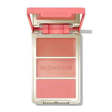 {Beach Bonfire} Open Morphe Cheek Thrills Multi-Finish Face Trio with coral lid, terracotta cream, peach shimmer with MORPHE engraved, blush matte.