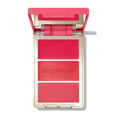 {Cabana Club} Open Morphe Cheek Thrills Multi-Finish Face Trio with hot pink lid, raspberry cream, red shimmer with MORPHE engraved, pink matte.