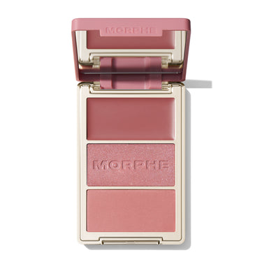 {Honeymoon Suite} Open Morphe Cheek Thrills Multi-Finish Face Trio with mauve lid, rose cream, pink shimmer with MORPHE engraved, pink matte. | Feeling Cheeky Bundle | Secondary image