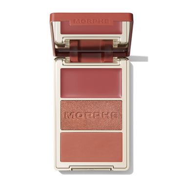 {Private Island} Open Morphe Cheek Thrills Multi-Finish Face Trio with rust lid, mauve cream, copper shimmer with MORPHE engraved, rose matte.