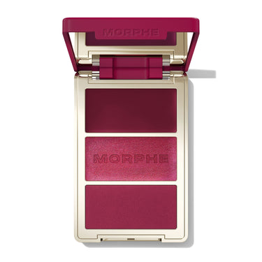 {Wine & Dine} Open Morphe Cheek Thrills Multi-Finish Face Trio with burgundy lid, plum cream, pink shimmer with MORPHE engraved, magenta matte.