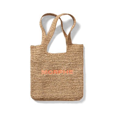 Morphe Raffia Tote Bag in Orange — woven natural raffia tote with orange embroidered MORPHE logo on the front.