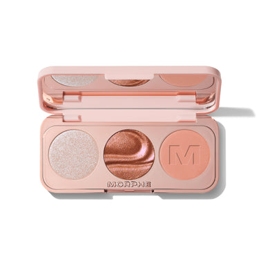 {Dream Sequins} Morphe ChromaPlus Eyeshadow Trio in Dream Sequins open compact in blush peach case with three round pans – metallic pearl shimmer, metallic copper bronze shimmer, and matte peach coral eyeshadow | ChromaPlus Eyeshadow Trio | Secondary image