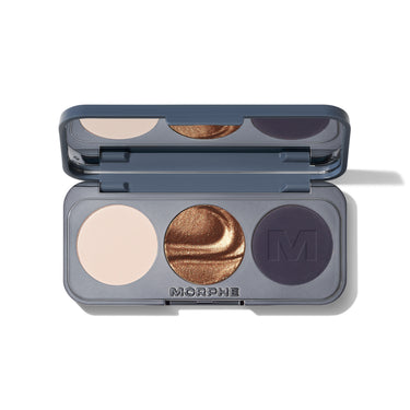 {Jean Spirited} Morphe Jean Spirited 3-Pan Eyeshadow Palette open compact in navy blue case with three round pans – matte cream, metallic bronze, and deep navy matte eyeshadow