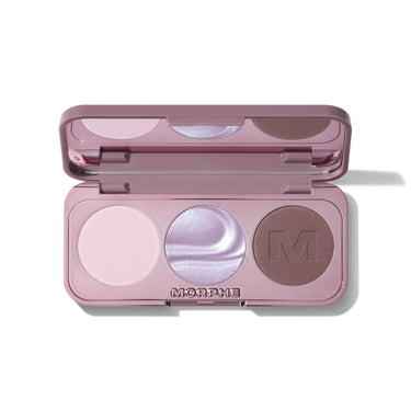 {Jewel Intentions} Morphe ChromaPlus Eyeshadow Trio in Jewel Intentions open compact in pink case with three round pans – matte blush pink, metallic iridescent lavender shimmer, and matte dark mauve eyeshadow.