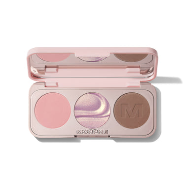{Tulle Order} Morphe ChromaPlus Eyeshadow Trio in Tulle Order open compact in blush pink case with three round pans – matte soft pink, metallic iridescent pink duochrome shimmer, and matte warm brown eyeshadow | Infinitely Mixable ChromaPlus Eyeshadow Trio Bundle | Secondary image