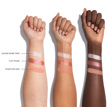 {Dream Sequins} Morphe ChromaPlus Eyeshadow Trio in Dream Sequins arm swatches on light, medium, and deep skin tones showing shades Gleam Come True (metallic pearl shimmer), Flip Tease (metallic copper rose gold shimmer), and Peach Splash (matte peach coral)