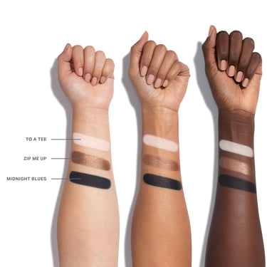 {Jean Spirited} Morphe Jean Spirited Eyeshadow Palette arm swatches on light, medium, and deep skin tones showing shades To A Tee (matte nude), Zip Me Up (metallic bronze), and Midnight Blues (matte navy)