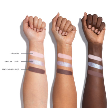 {Jewel Intentions} Morphe ChromaPlus Eyeshadow Trio in Jewel Intentions arm swatches on light, medium, and deep skin tones showing shades Fine Day (matte soft pink), Opulent Opal (metallic iridescent lavender), and Statement Piece (matte mauve brown)