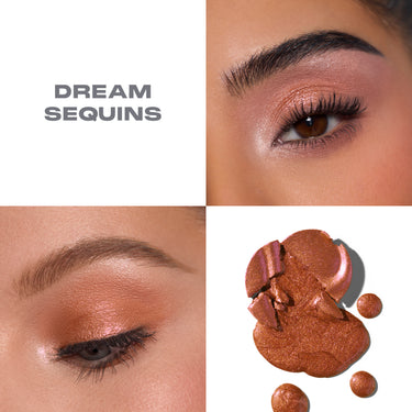 {Dream Sequins} Morphe ChromaPlus Eyeshadow Trio in Dream Sequins arm swatches on light, medium, and deep skin tones showing shades Gleam Come True (metallic pearl shimmer), Flip Tease (metallic copper rose gold shimmer), and Peach Splash (matte peach coral)