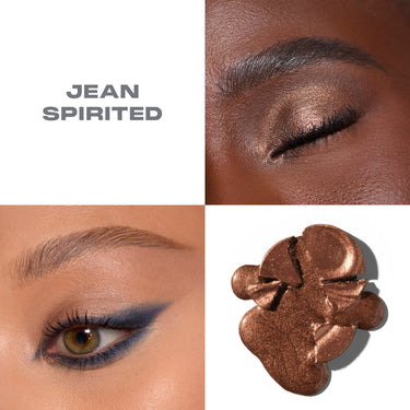 {Jean Spirited} Morphe Jean Spirited 3-Pan Eyeshadow Palette – close-up eye looks on deep and medium skin tones featuring bronze shimmer and navy smoky eye, with product texture swatch