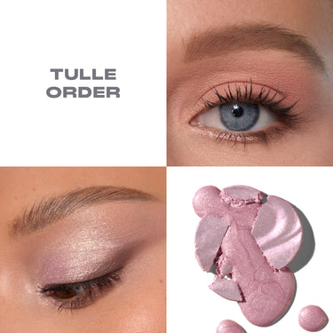 {Tulle Order} 
Morphe ChromaPlus Eyeshadow Trio in Tulle Order – close-up eye looks on light skin tones featuring metallic pink shimmer and rosy mauve eye look, with product texture swatch