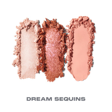 {Dream Sequins} Morphe ChromaPlus Eyeshadow Trio in Dream Sequins powder swatches – metallic pearl champagne shimmer, metallic copper rose gold shimmer, and matte peach coral eyeshadow shades