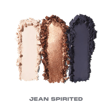 {Jean Spirited} Morphe Jean Spirited Eyeshadow Palette powder swatches – matte nude, metallic bronze copper shimmer, and matte midnight navy blue eyeshadow shades