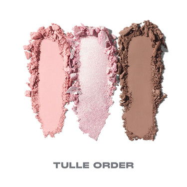 {Tulle Order} Morphe ChromaPlus Eyeshadow Trio in Tulle Order powder swatches – matte dusty rose pink, metallic iridescent pink shimmer, and matte warm brown taupe eyeshadow shades