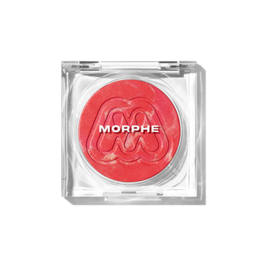 {Rush} Morphe Cloudlight Soft Glow Diffused Blush closed compact in a mauve marbled shade with embossed M logo