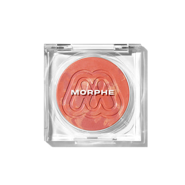 {Wisp} Morphe Cloudlight Soft Glow {Wisp} Diffused Blush closed compact in a coral marbled shade with the Morphe logo