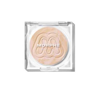{Dawn} Morphe Cloudlight Soft Glow Veil compact open, showing warm champagne powder embossed with MORPHE and the M logo pattern.