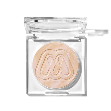 {Dawn} Open clear compact of Morphe Cloudlight Soft Glow Veil in a peach-beige shimmer powder with embossed M logo and silver metal hinge. | Glow-Getters Duo | Secondary image