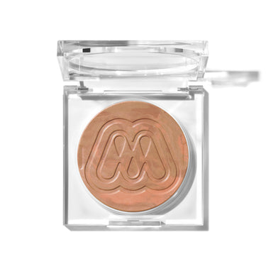 {Golden Hour} Morphe Cloudlight Soft Glow Veil finishing powder open in clear square compact, warm golden-bronze shade with embossed M logo.