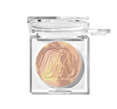 {Sunrise} Open clear compact of Cloudlight Soft Glow Veil with embossed Morphe M logo in warm peachy-gold and bronze swirled tones.
