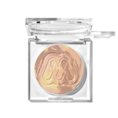 {Sunrise} Cloudlight Soft Glow Veil finishing powder open in clear square compact showing swirled peachy-bronze and pale yellow powder with Morphe M logo embossed design.